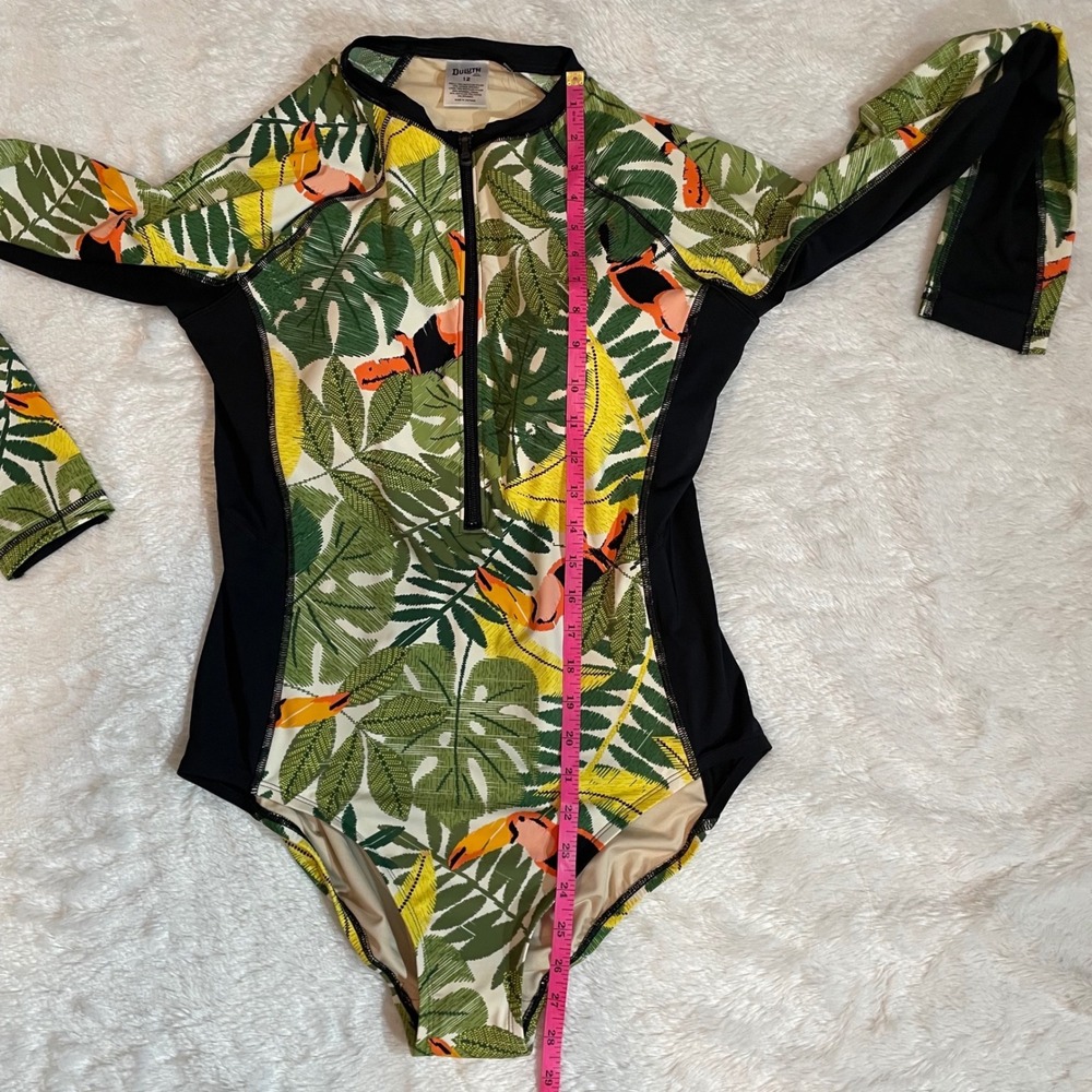 Duluth Trading Co Suit Up Swim Long Sleeve One Piece Tropical Toucan 12 NEW - Picture 6 of 6